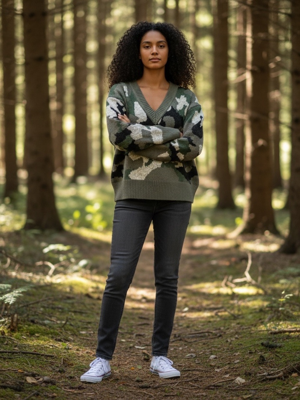 V-Neck Camouflage Knit Sweater - Olive Green